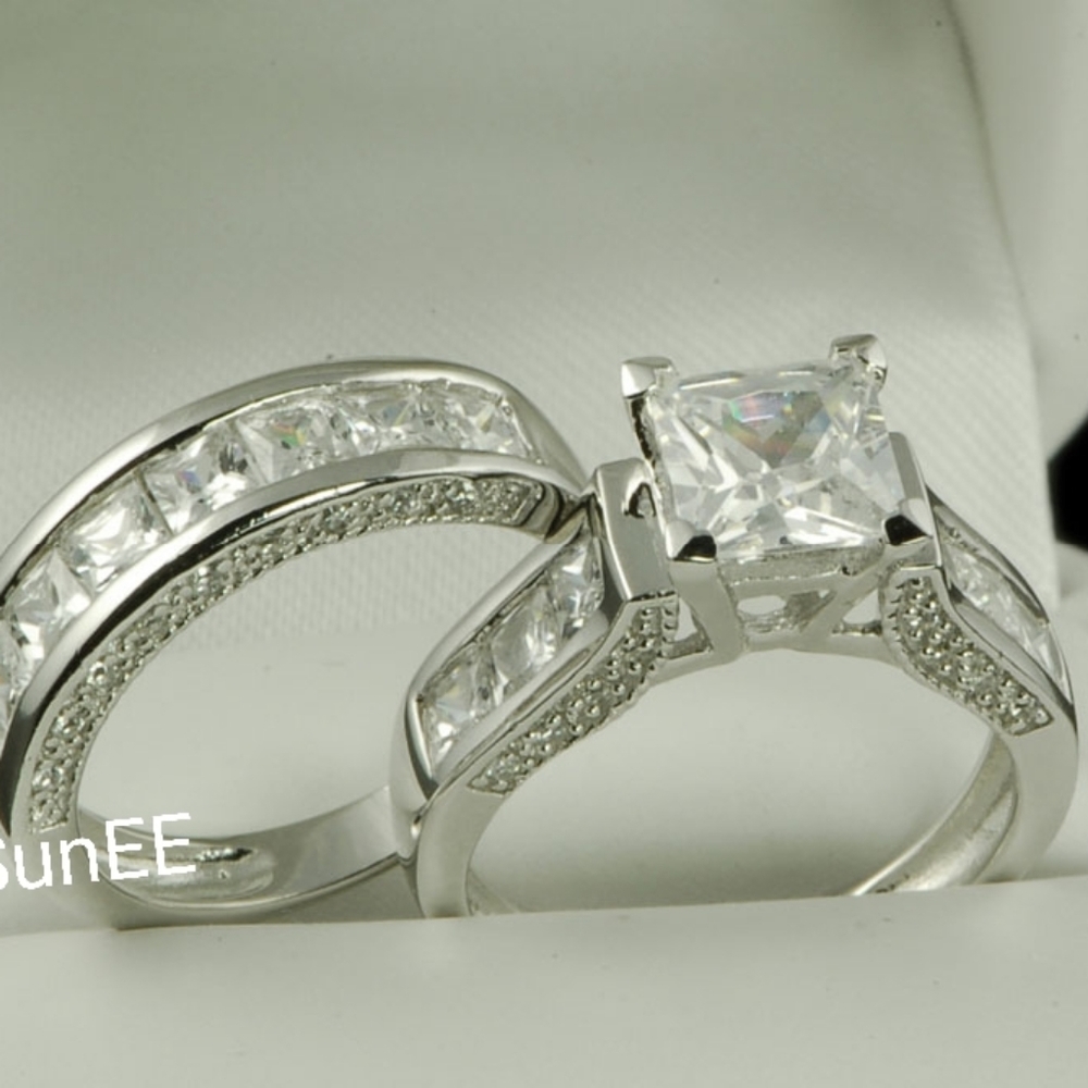 NEW WOMENS 925 STERLING SILVER ENGAGEMENT RINGS WEDDING RINGS DIAMOND SET - Picture 6 of 6